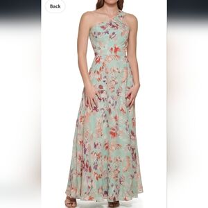 Eliza J One-Shoulder Floral Maxi Dress in Mint with Coral and Purple